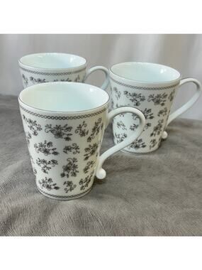 Temptations Tara Floral Lace Elite Set of 3 Mugs White Silver 10 oz. Ceramic New